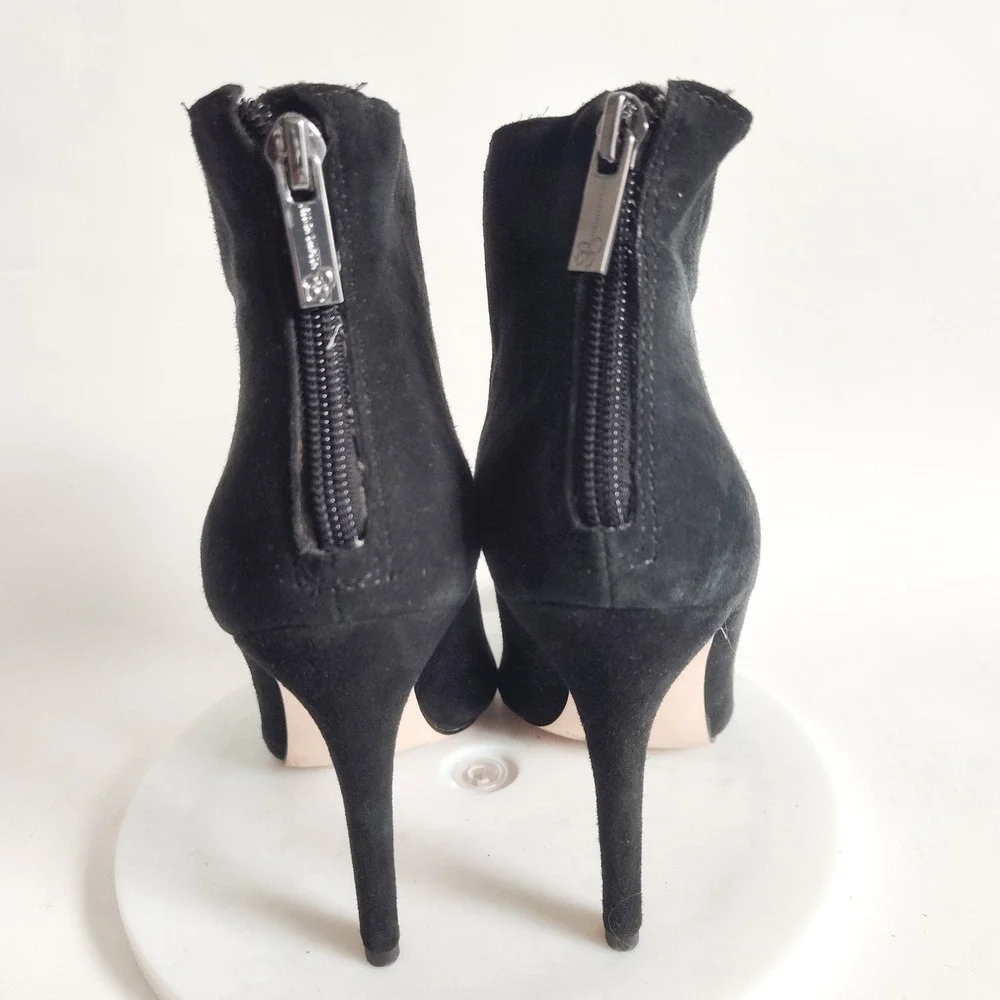 Jessica‎ Simpson Ankle Boots 7 Black Suede PVC V-Cut Stiletto Heel Piercie Sexy